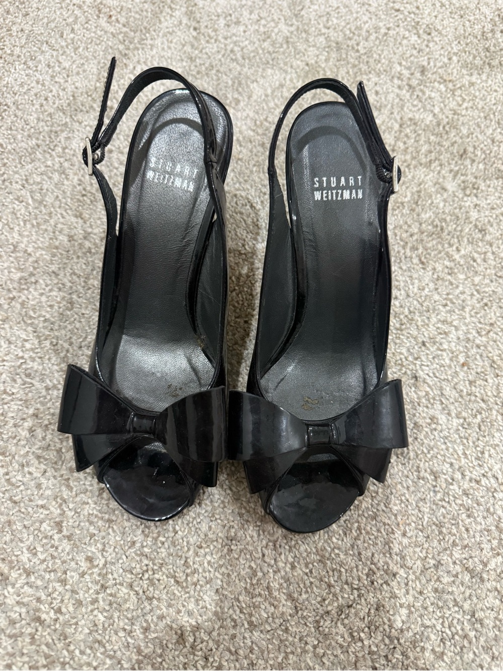 Stuart Weitzman Black Patent Bow Peep Toe Slingback Heels